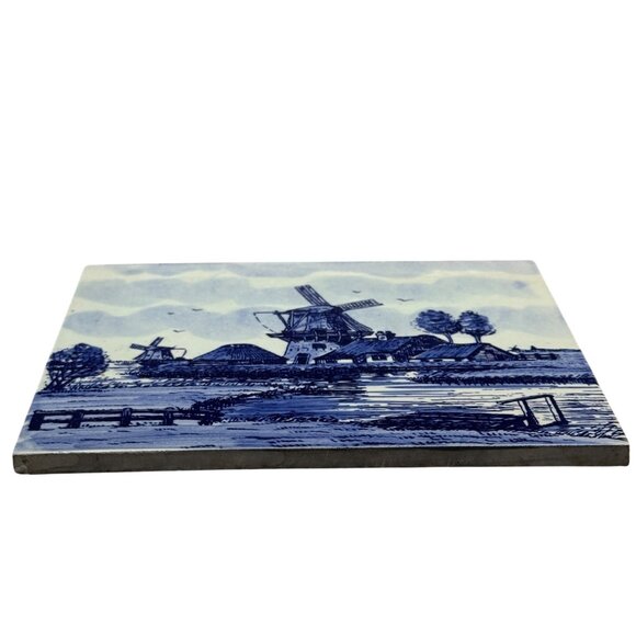 Delft Tile Blue & White Windmill Scene Ceramic Hand Painted Signed 6"x6" VTG - Picture 3 of 9
